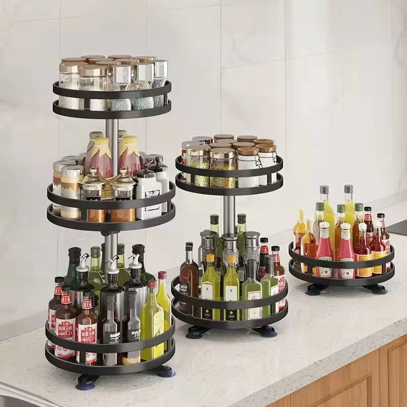 360°Rotation Spice Rack Organizer Jar Cans for Kitchen Accessories Non-Skid Carbon Steel Storage Tray for Seasonings and Spices