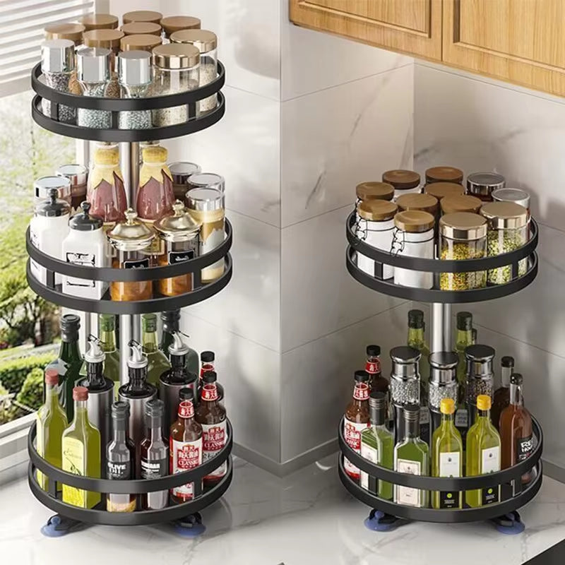 360°Rotation Spice Rack Organizer Jar Cans for Kitchen Accessories Non-Skid Carbon Steel Storage Tray for Seasonings and Spices