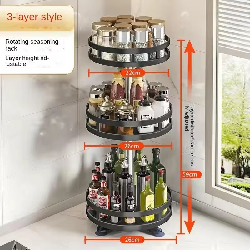 360°Rotation Spice Rack Organizer Jar Cans for Kitchen Accessories Non-Skid Carbon Steel Storage Tray for Seasonings and Spices